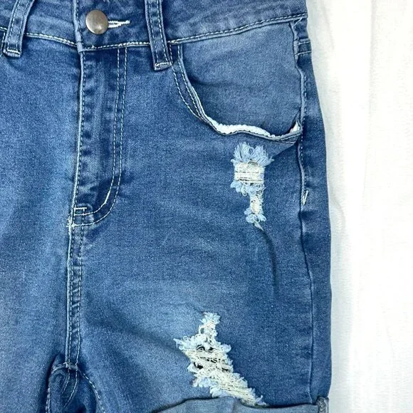 Distressed High Waisted Roll Cuffed Stretch Denim Blue Jean Shorts Women's Small - Picture 6 of 8
